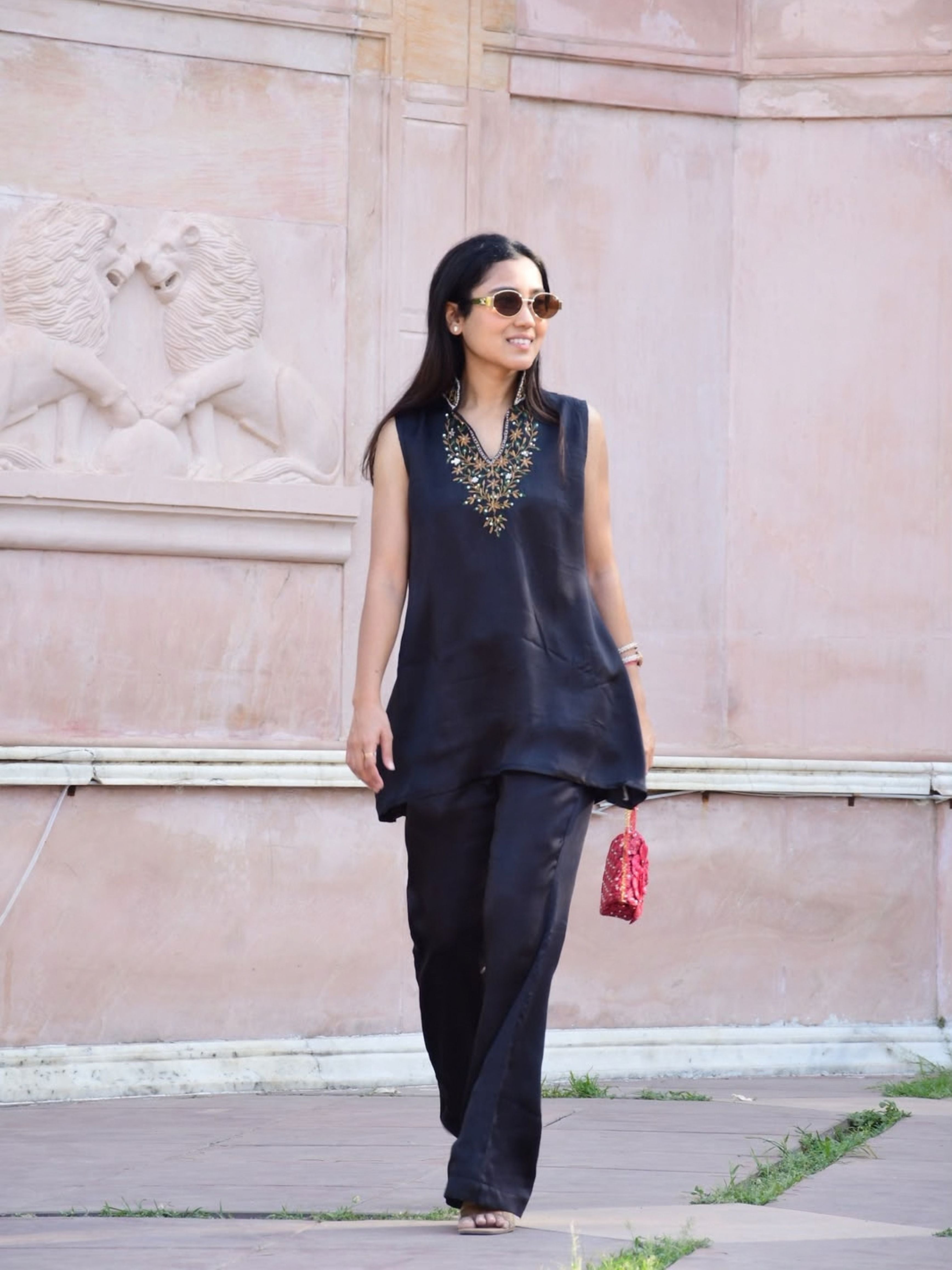 Black Statement V-Neck Cord Set